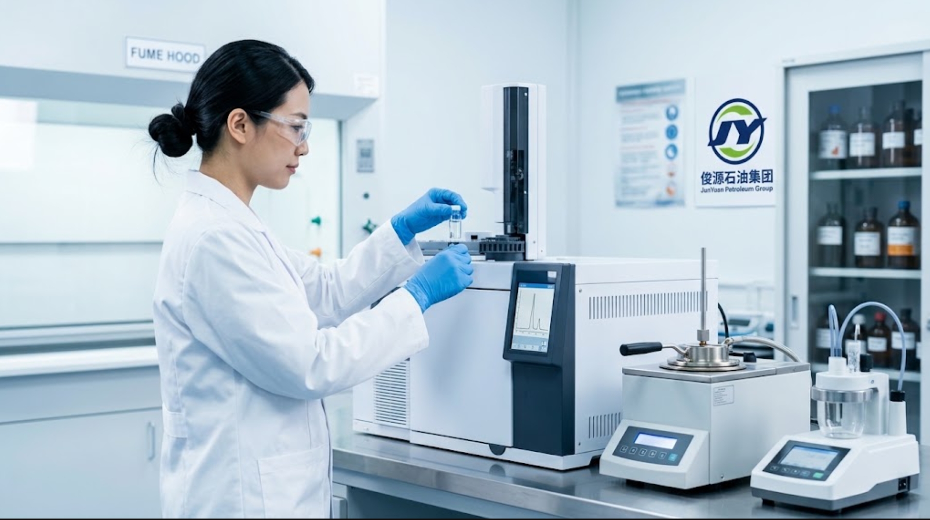 Quality control technician performing gas chromatography purity testing on hydrocarbon solvent at Junyuan Petroleum Group laboratory