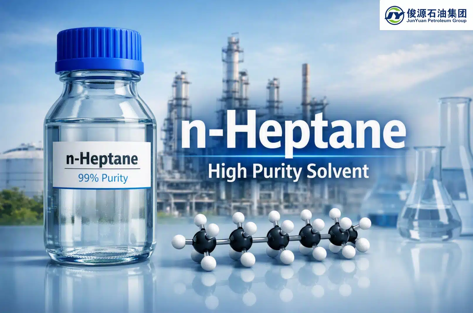 n‑Heptane 99% high purity solvent with laboratory bottle and petrochemical background.