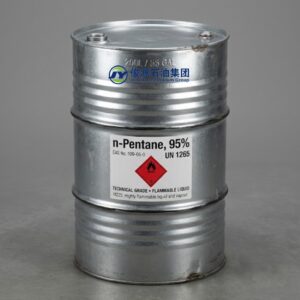200L galvanized steel drum containing 95% n-Pentane with visible GHS flammable liquid hazard diamond label on a gray studio background.