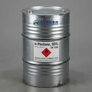200L galvanized steel drum containing 95% n-Pentane with visible GHS flammable liquid hazard diamond label on a gray studio background.