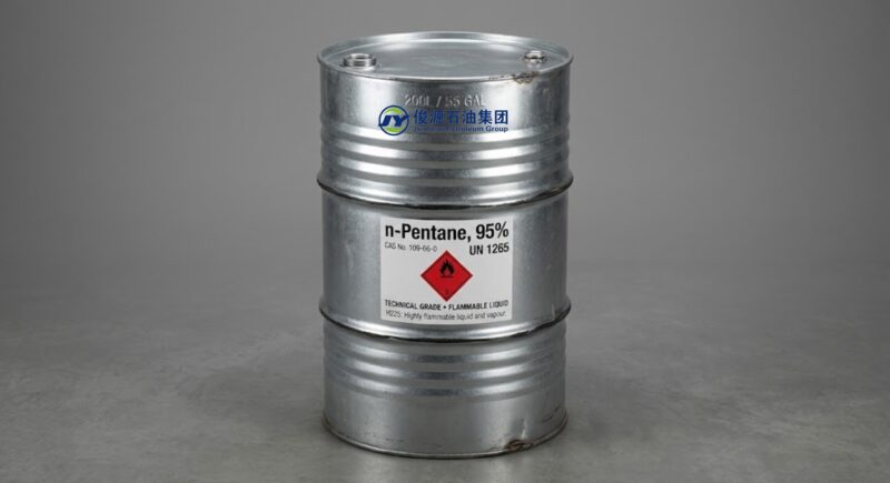 200L galvanized steel drum containing 95% n-Pentane with visible GHS flammable liquid hazard diamond label on a gray studio background.