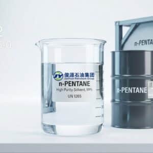 Clear liquid n-Pentane 99% solvent in a laboratory beaker positioned next to a 200L steel drum and an ISO tank container in a clean studio setting.