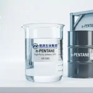 Clear liquid n-Pentane 99% solvent in a laboratory beaker positioned next to a 200L steel drum and an ISO tank container in a clean studio setting.