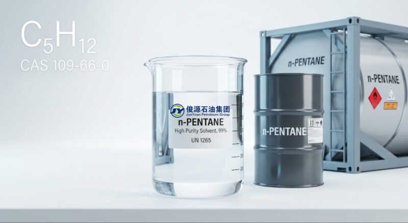 Clear liquid n-Pentane 99% solvent in a laboratory beaker positioned next to a 200L steel drum and an ISO tank container in a clean studio setting.