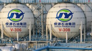 Junyuan Petroleum Group storage tanks at pentane hexane heptane manufacturer facility in Shandong, China