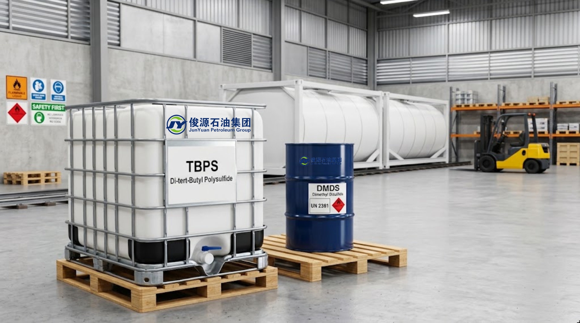 An IBC tote of TBPS Di-tert-Butyl Polysulfide and a steel drum of DMDS Dimethyl Disulfide side by side on wooden pallets inside a clean chemical warehouse, with white ISO tank containers and a forklift in the background.