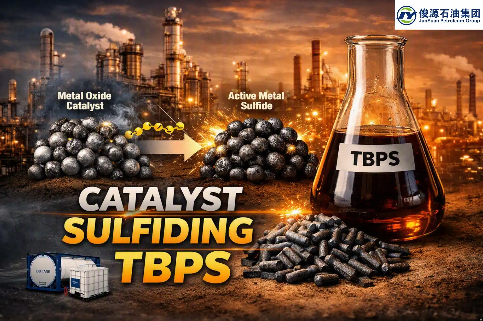 TBPS Di-tert-Butyl Polysulfide catalyst sulfiding process showing refinery and chemical flask