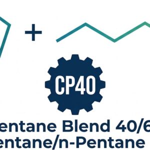 Chemical vector logo on a white background featuring cyclopentane and n-pentane skeletal structures above a dark blue gear badge reading CP40 and product blend specifications.