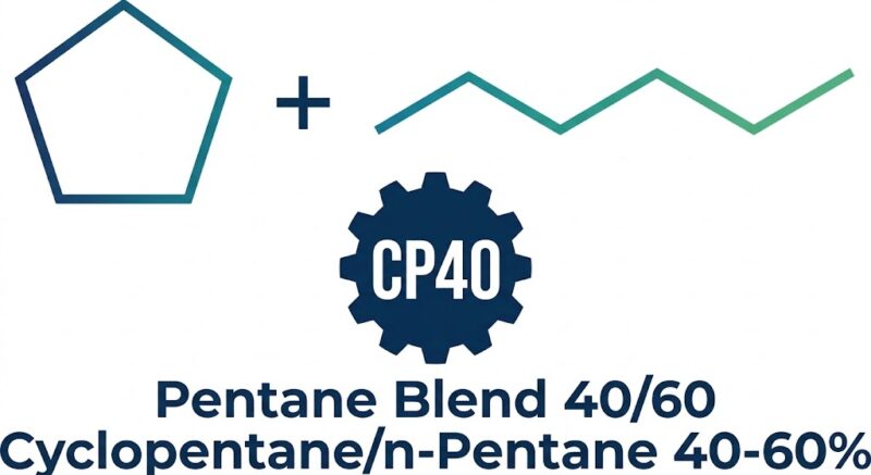Chemical vector logo on a white background featuring cyclopentane and n-pentane skeletal structures above a dark blue gear badge reading CP40 and product blend specifications.