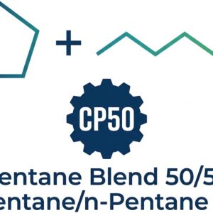 Technical product logo featuring a chemical equation with a cyclopentane ring and linear n-pentane structure above a dark blue gear badge labeled "CP50" and text reading "Pentane Blend 50/50 Cyclopentane/n-Pentane 50-50%".