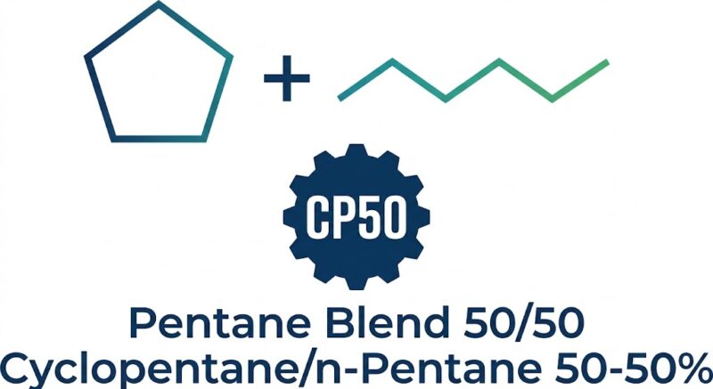 Technical product logo featuring a chemical equation with a cyclopentane ring and linear n-pentane structure above a dark blue gear badge labeled "CP50" and text reading "Pentane Blend 50/50 Cyclopentane/n-Pentane 50-50%".