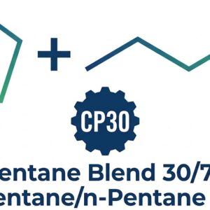 Technical product logo on a white background featuring a dark blue-to-green gradient chemical structure equation with cyclopentane and n-pentane above a gear badge reading "CP30" and text for "Pentane Blend 30/70".