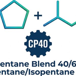 Technical vector logo for CP40 Pentane Blend featuring cyclopentane and isopentane skeletal formulas in blue-green gradients above a dark blue gear badge and descriptive text.