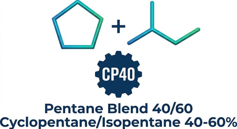 Technical vector logo for CP40 Pentane Blend featuring cyclopentane and isopentane skeletal formulas in blue-green gradients above a dark blue gear badge and descriptive text.