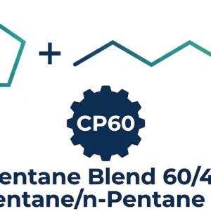 Technical product logo for CP60 Pentane Blend 60/40 featuring vector illustrations of cyclopentane and n-pentane chemical structures in a dark blue, teal, and green gradient.