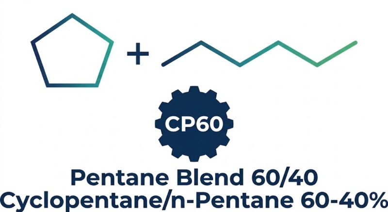 Technical product logo for CP60 Pentane Blend 60/40 featuring vector illustrations of cyclopentane and n-pentane chemical structures in a dark blue, teal, and green gradient.