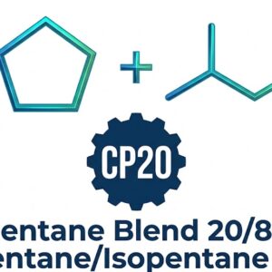 Technical product logo for Pentane Blend 20/80 featuring cyclopentane and isopentane skeletal chemical structures above a dark blue CP20 gear badge on a pure white background.