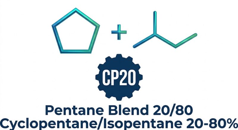 Technical product logo for Pentane Blend 20/80 featuring cyclopentane and isopentane skeletal chemical structures above a dark blue CP20 gear badge on a pure white background.