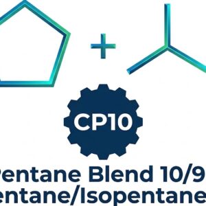 Technical product logo for CP10 Pentane Blend 10/90 featuring chemical structures for cyclopentane and isopentane above a gear badge.