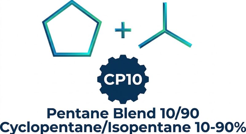 Technical product logo for CP10 Pentane Blend 10/90 featuring chemical structures for cyclopentane and isopentane above a gear badge.
