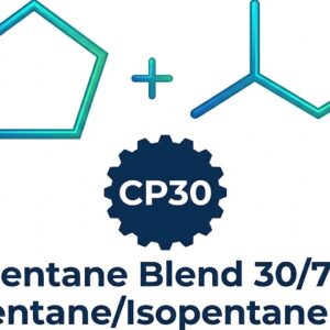 Technical product logo for CP30 Pentane Blend 30/70 featuring a chemical formula equation with cyclopentane and isopentane skeletal structures above a dark blue gear badge and descriptive text on a white background.