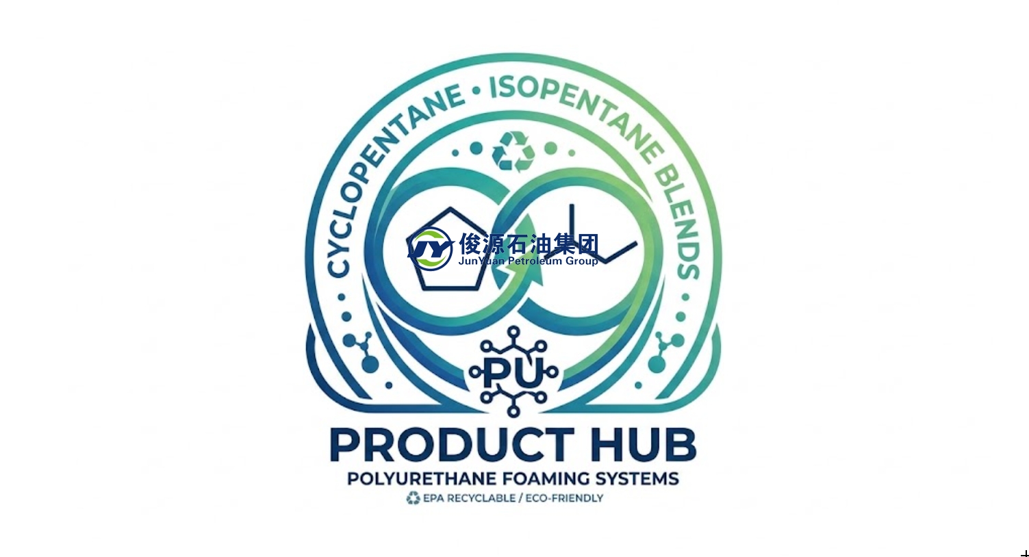 A corporate technical logo for Cyclopentane & Isopentane Blends Product Hub (PU Foam). The design features intertwined green and teal molecular structures, circular flow arrows, and text for Cyclopentane, Isopentane, PU Polyurethane Foaming Systems, and EPA Recyclable/Eco-Friendly.