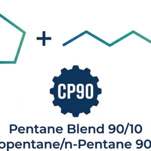 Technical vector logo for Pentane Blend 90/10 (CP90) featuring a cyclopentane ring and linear n-pentane chemical structure with a blue-to-green gradient above a dark blue gear badge.