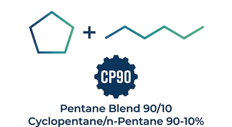 Technical vector logo for Pentane Blend 90/10 (CP90) featuring a cyclopentane ring and linear n-pentane chemical structure with a blue-to-green gradient above a dark blue gear badge.