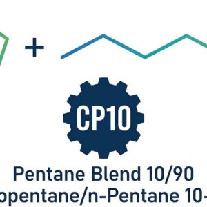 Technical product logo for Pentane Blend 10/90 (CP10) showing cyclopentane and n-pentane chemical structures with a gear badge.