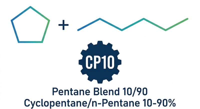 Technical product logo for Pentane Blend 10/90 (CP10) showing cyclopentane and n-pentane chemical structures with a gear badge.