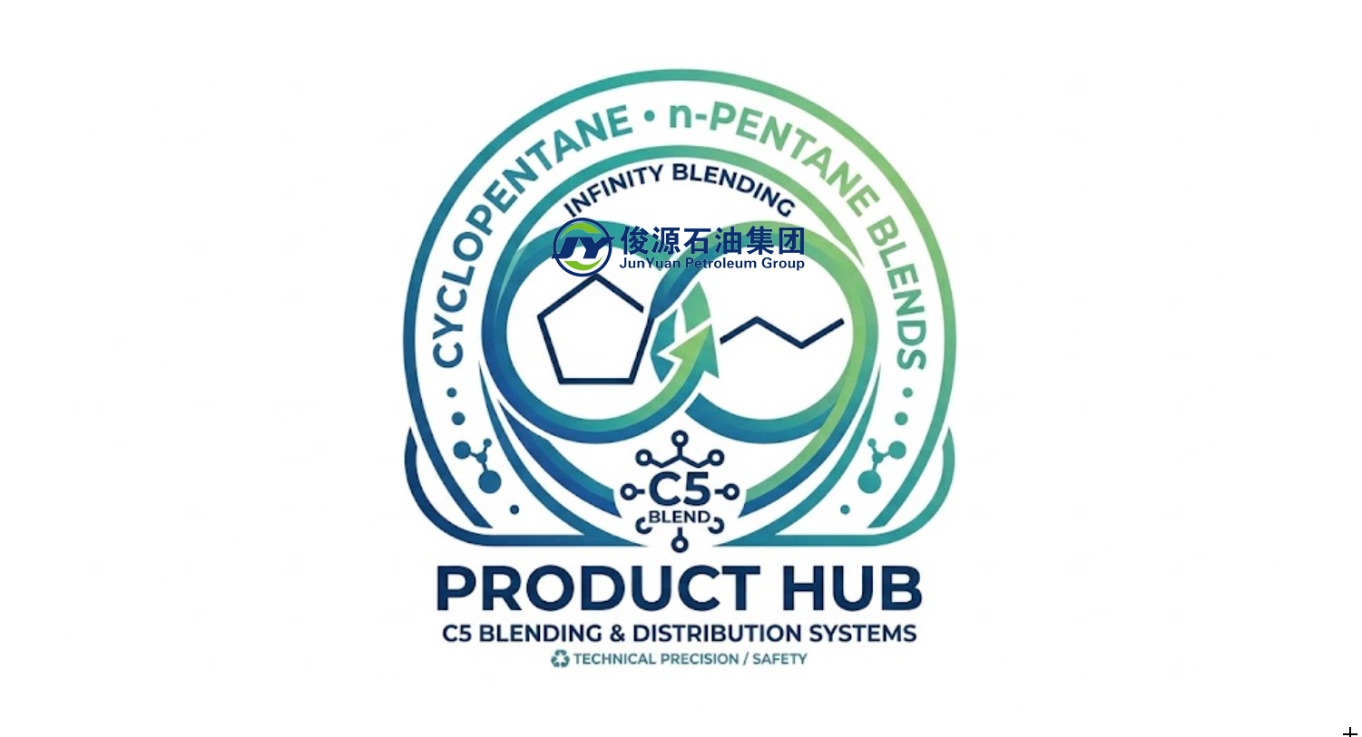Professional chemical logo for Cyclopentane and n-Pentane Blends Product Hub. The logo is a circular emblem featuring green and blue gradients. In the center is a stylized infinity loop blending molecular structures of Cyclopentane (a ring) and n-Pentane (a chain). Text in the ring reads "CYCLOPENTANE • n-PENTANE BLENDS" and "INFINITY BLENDING." Below the infinity loop is a small molecular icon labeled "C5 BLEND." The primary title below the emblem is "PRODUCT HUB," followed by "C5 BLENDING & DISTRIBUTION SYSTEMS" and "TECHNICAL PRECISION / SAFETY." The background is solid white.