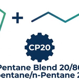 Technical logo for CP20 Pentane Blend 20/80 featuring a gradient cyclopentane ring and linear n-pentane chemical structure with a gear badge.
