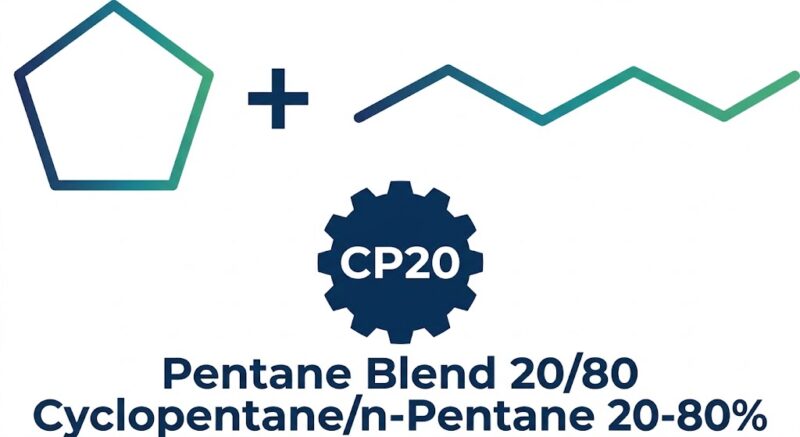 Technical logo for CP20 Pentane Blend 20/80 featuring a gradient cyclopentane ring and linear n-pentane chemical structure with a gear badge.