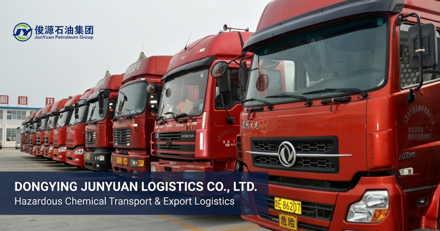 Dongying Junyuan Logistics hazardous chemical transport truck fleet at Junyuan Petroleum Group facility