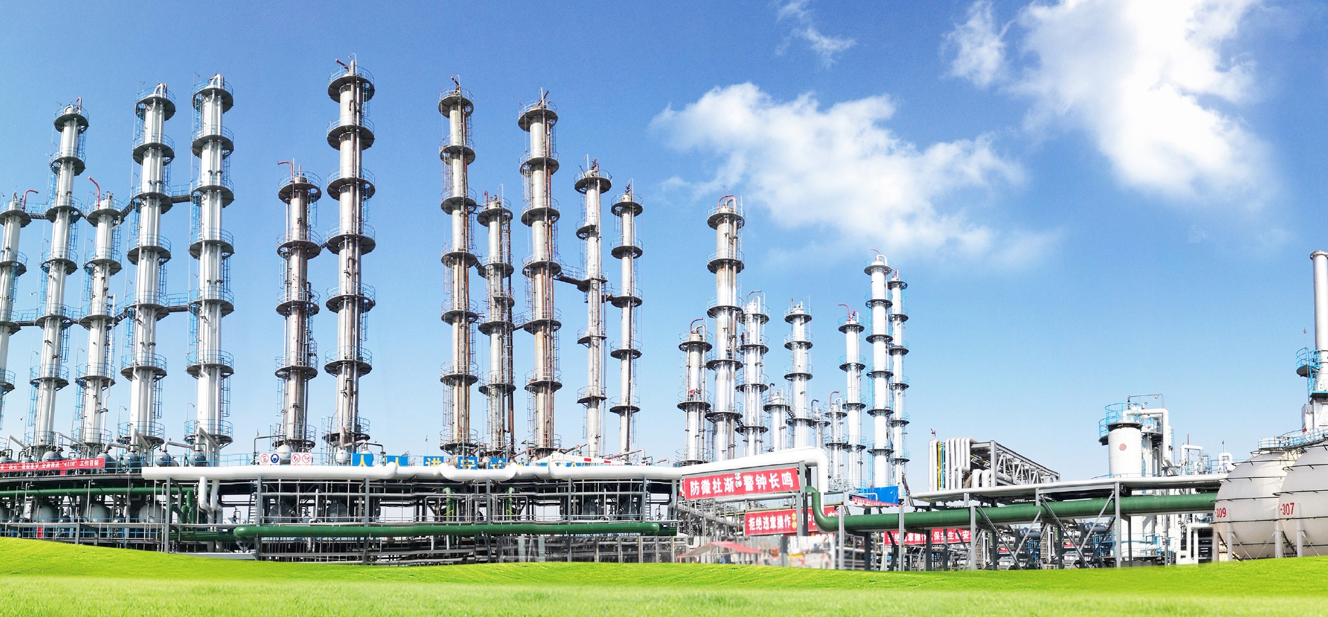 Dongying Liangxin Petrochemical Technology Development Limited Company production facility featuring fractionation columns and storage tanks.