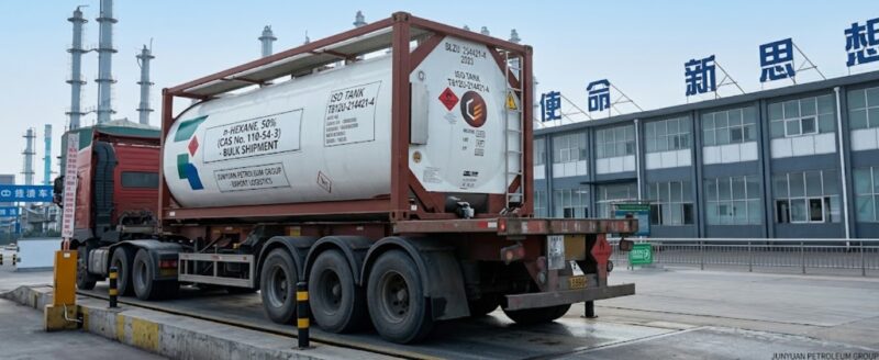 n-Hexane 50% (CAS No. 110-54-3) ISO Tank container loaded on transport truck at Junyuan Petroleum Group site