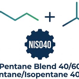 Technical logo for n-Pentane/Isopentane 40-60% blend on a white background, featuring molecular skeletal structures of n-pentane and isopentane separated by a plus sign, above a dark blue gear emblem reading "NISO40" and text for "Pentane Blend 40/60".