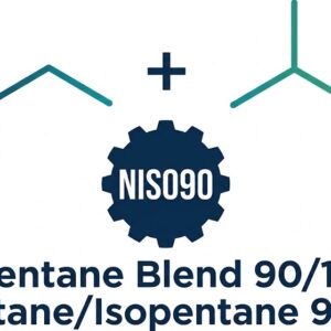 Technical logo for NISO90 featuring skeletal chemical structures of n-pentane and isopentane with a dark blue gear badge and text "Pentane Blend 90/10".