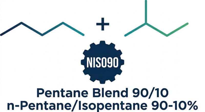 Technical logo for NISO90 featuring skeletal chemical structures of n-pentane and isopentane with a dark blue gear badge and text "Pentane Blend 90/10".