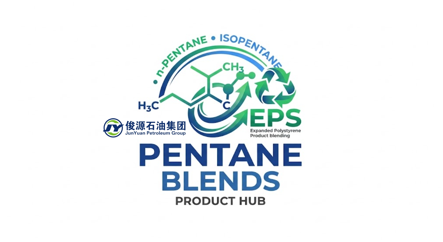 Professional logo for n-Pentane and Isopentane Blends Product Hub featuring chemical structures, circular blending arrows, EPS branding, and a dark blue to green gradient color scheme.