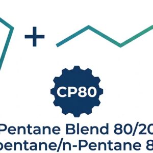 Technical product logo for CP80 Pentane Blend 80/20 featuring a chemical skeletal equation of Cyclopentane and n-Pentane with a blue-to-green gradient, a dark blue gear badge, and product labels.