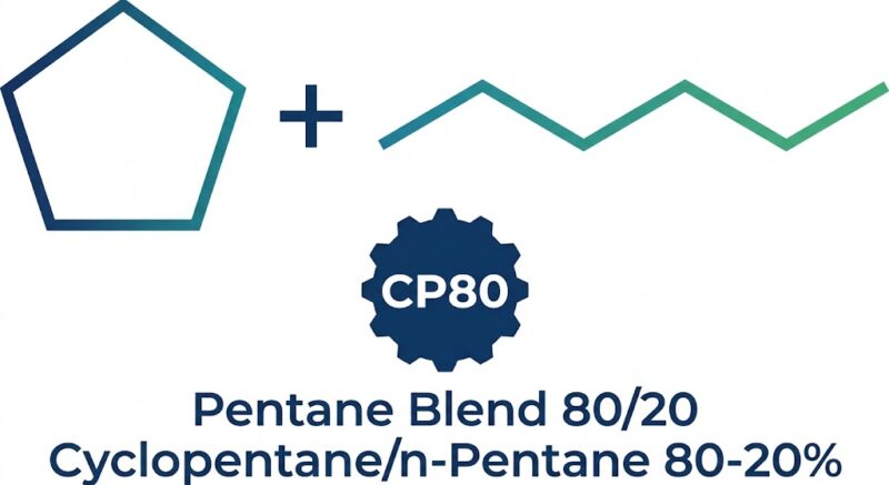 Technical product logo for CP80 Pentane Blend 80/20 featuring a chemical skeletal equation of Cyclopentane and n-Pentane with a blue-to-green gradient, a dark blue gear badge, and product labels.