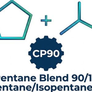 Technical product logo for CP90 Pentane Blend 90/10, featuring cyclopentane and isopentane skeletal chemical structures above a dark blue gear badge and descriptive text.