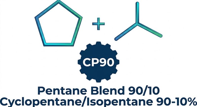 Technical product logo for CP90 Pentane Blend 90/10, featuring cyclopentane and isopentane skeletal chemical structures above a dark blue gear badge and descriptive text.