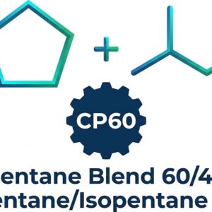 CP60 logo showing cyclopentane and isopentane chemical structure formula equation above a dark blue gear badge and Pentane Blend 60/40 text.