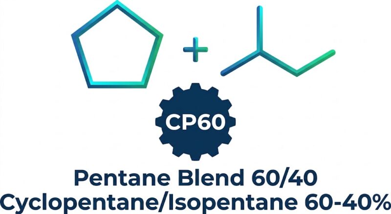 CP60 logo showing cyclopentane and isopentane chemical structure formula equation above a dark blue gear badge and Pentane Blend 60/40 text.