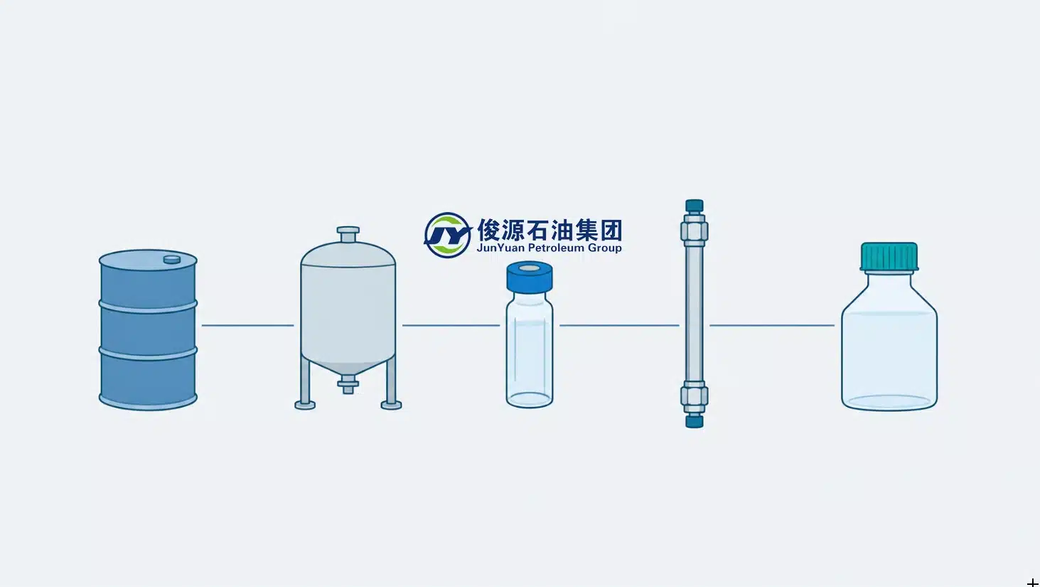 Five blue and teal icons—a factory drum, extraction tank, gas chromatography vial, HPLC column, and reagent bottle—connected horizontally on a light grey background.
