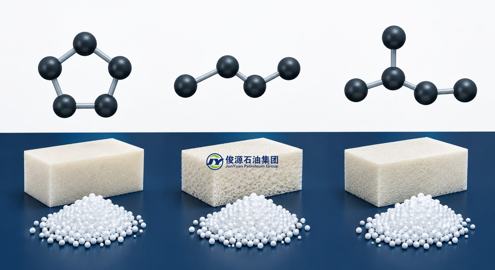 3D carbon-skeleton models of cyclopentane, n-pentane and isopentane above insulation foam and polystyrene bead textures.