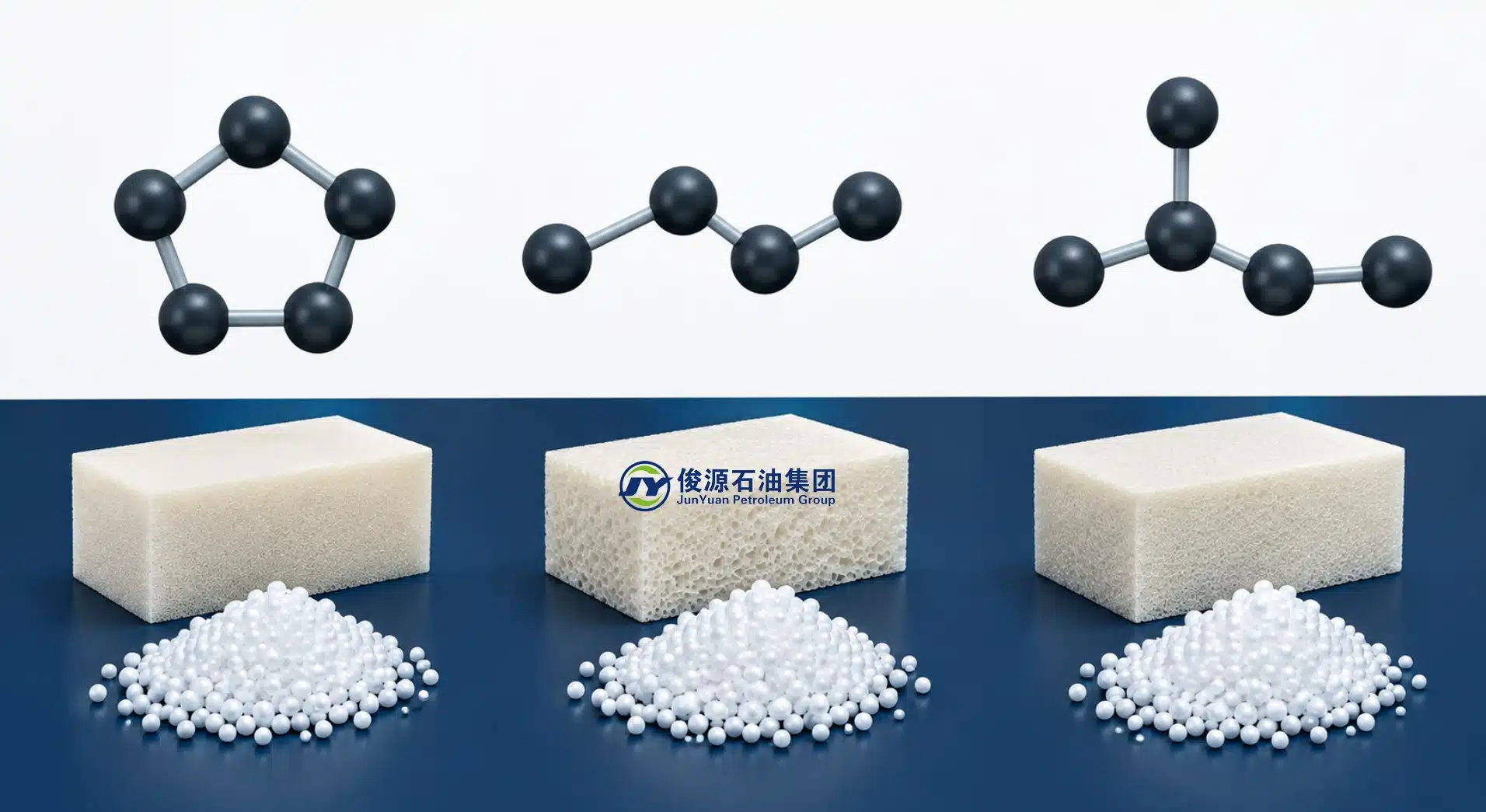 3D carbon-skeleton models of cyclopentane, n-pentane and isopentane above insulation foam and polystyrene bead textures.