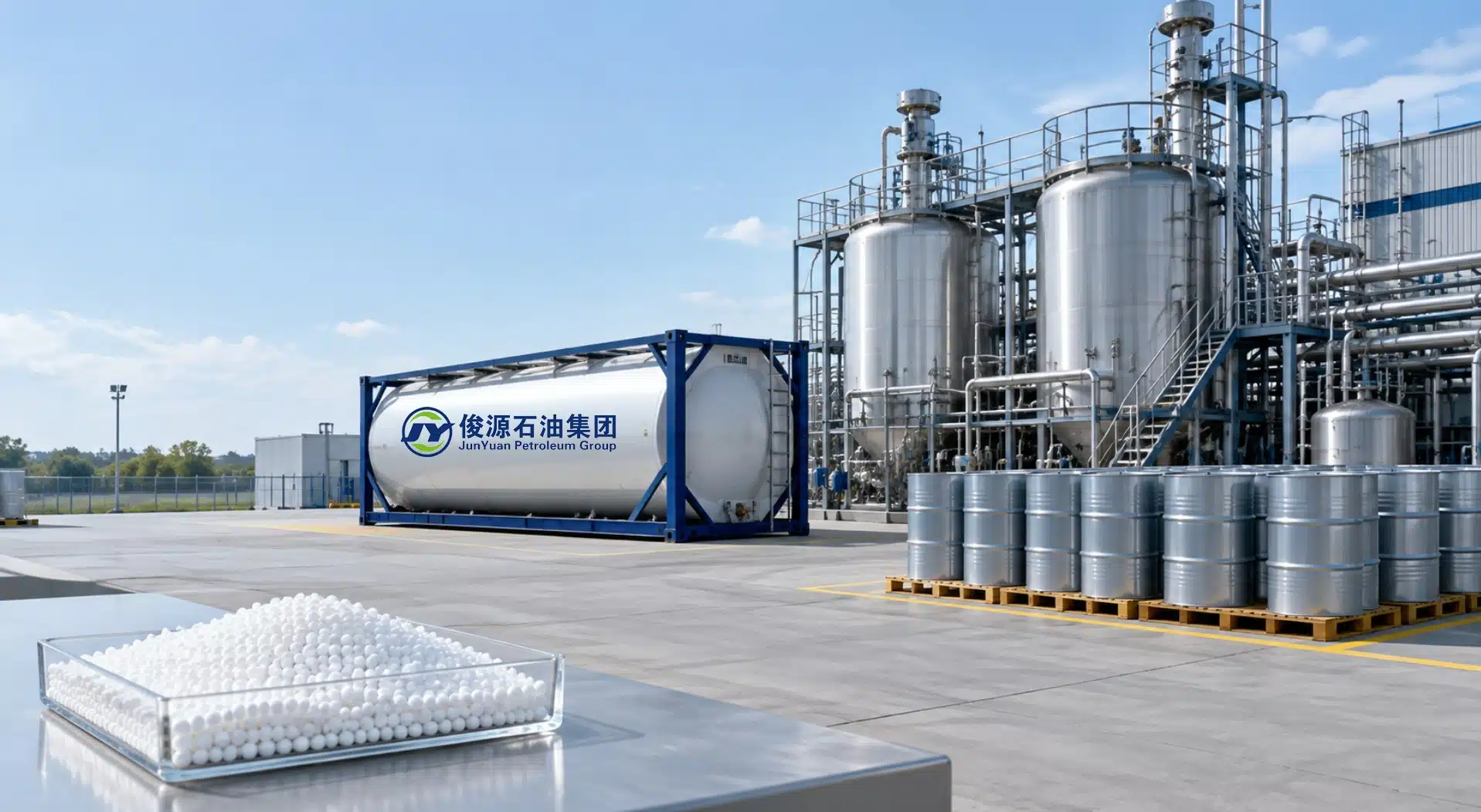 Conceptual chemical facility with stainless-steel equipment, an ISO tank, sealed steel drums, and a foreground sample tray of white EPS resin beads.